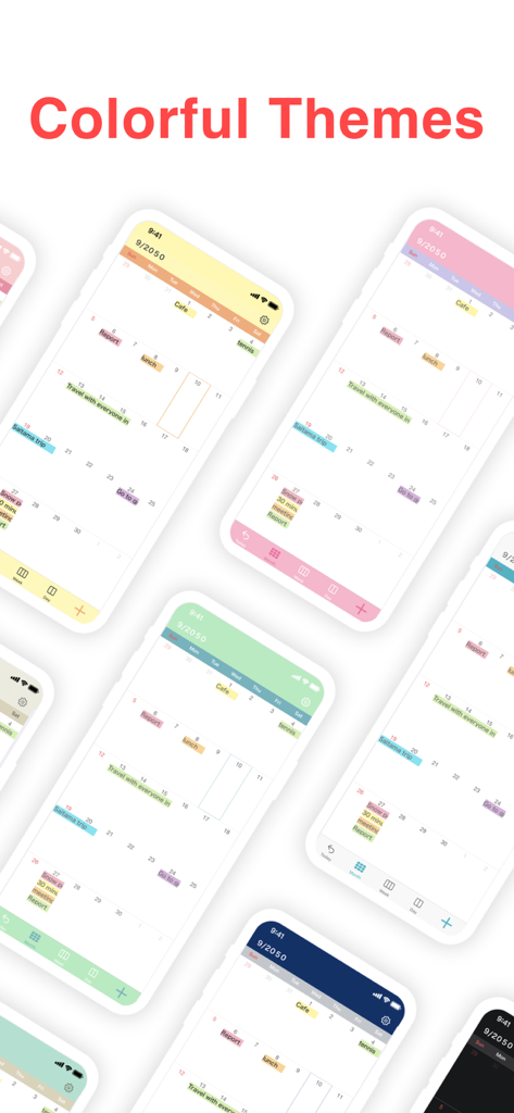 Multiple iPhone screens displaying different colorful theme options for the N Calendar planner app