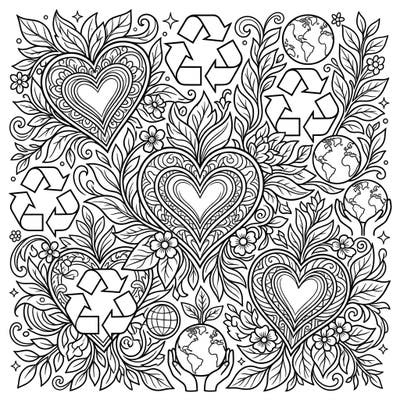 Discover a beautiful coloring page combining the elegance of metallic hearts with the vital message of Earth Day. This intricate design features lush greenery, recycling symbols, and global imagery, inviting you to create a vibrant tribute to our planet.