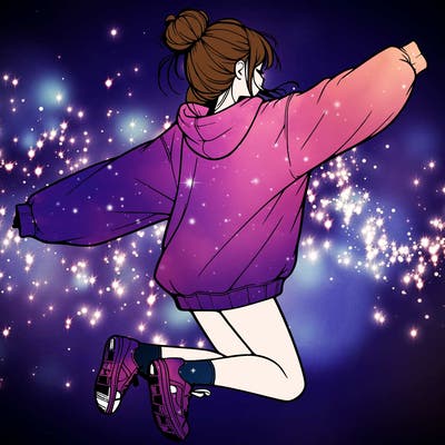 realistic girl jumping with a bun and oversized sweatshirt
