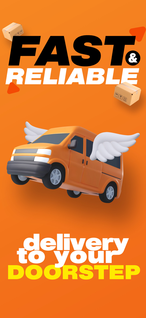 Ein orangefarbener Lieferwagen mit Flügeln, der zwischen Paketen fliegt, mit dem Text Schnelle und zuverlässige Lieferung an deine Haustür.