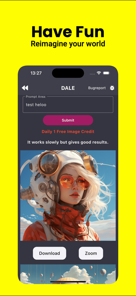 Interface de l'application de génération d'images IA Dale montrant une zone de prompt textuel et une image générée d'une femme en costume d'astronaute.