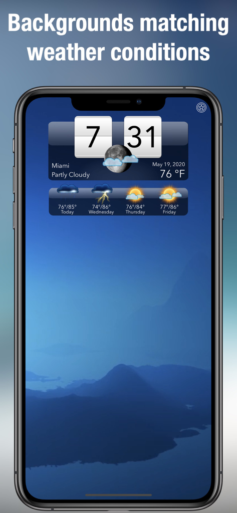 Living Weather HD Live - Living Weather HD app on iPhone showing a scenic mountain background with a flip clock and weather forecast.