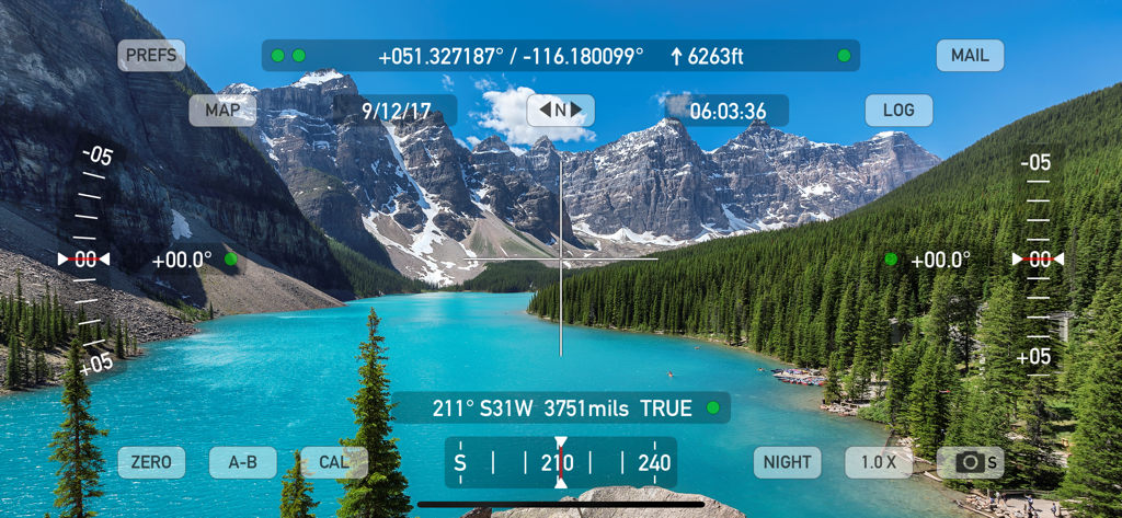 Theodolite - Theodolite app interface showing real-time GPS coordinates elevation and inclinometer data overlaid on a scenic mountain lake landscape