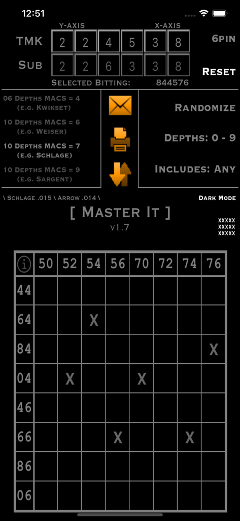 Master It app interface showing master key bitting matrix and system settings