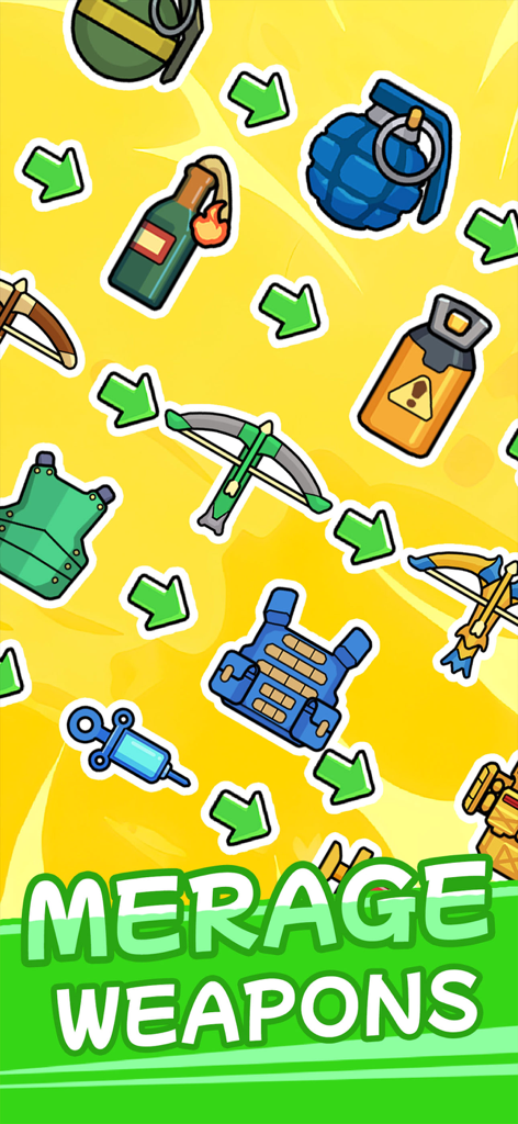 Bag Merge : Zombie Battle - Graphic showing weapon and equipment merge progression in Bag Merge Zombie Battle