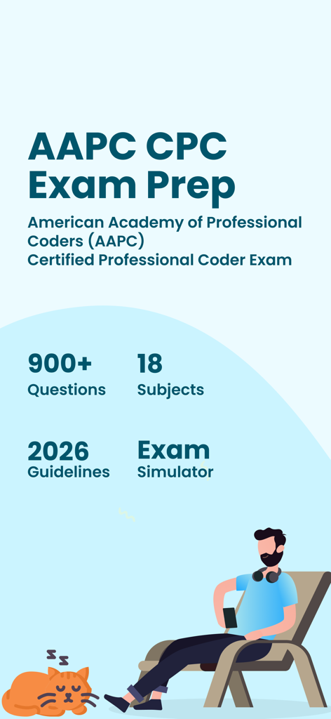 Medical Coding - CPC Exam Prep - Interfaz de la aplicación AAPC CPC Exam Prep que muestra más de 900 preguntas, 18 materias y las directrices de 2026