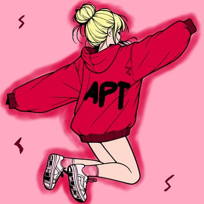 realistic girl jumping with a bun and oversized sweatshirt