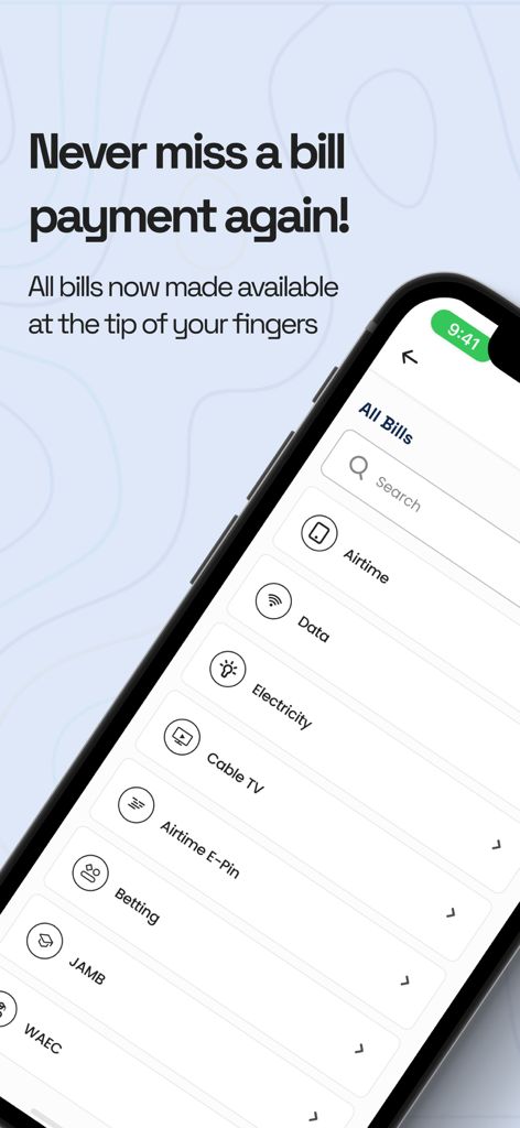 WATU Multipurpose Fintech App - WATU app bill payment interface showing options for airtime data and electricity