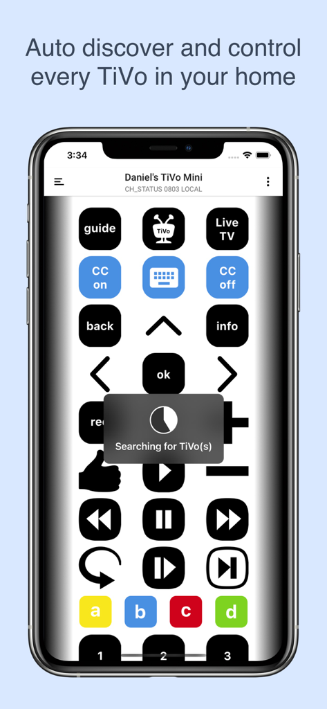 Digital remote control interface of the TVO app for TiVo on an iPhone