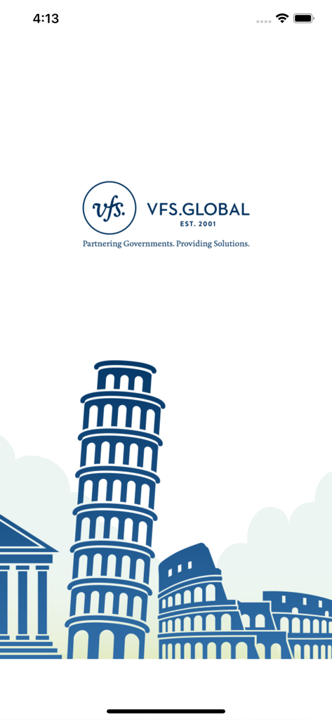 Italy Global app splash screen showing the VFS Global logo and blue illustrations of the Leaning Tower of Pisa and the Colosseum