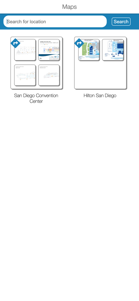 EventPilot Conference App - Pantalla de mapa que muestra los planos del centro de convenciones de San Diego y el Hilton San Diego