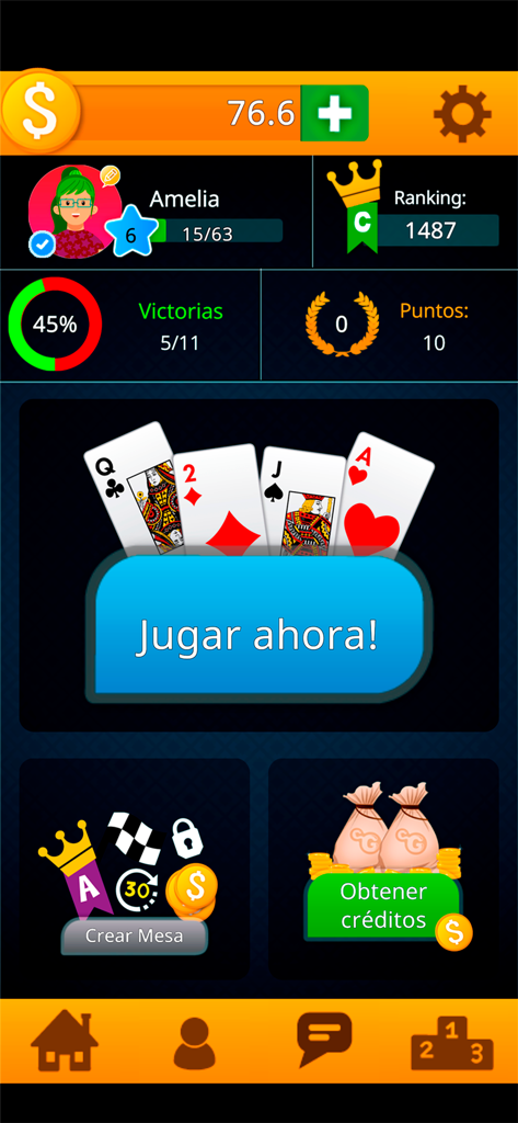 Main menu interface of Buraco by ConectaGames showing player stats and play button