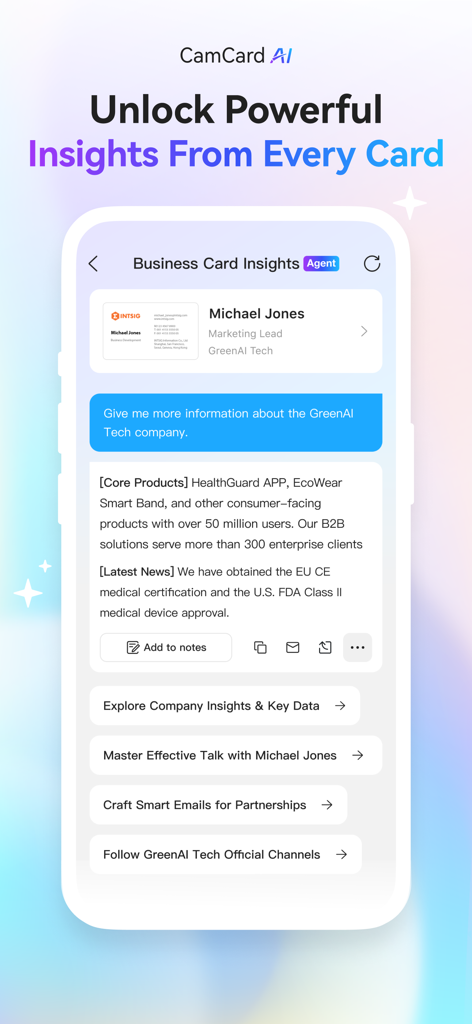 CamCard AI app interface showing business card insights and company profile information for networking professionals