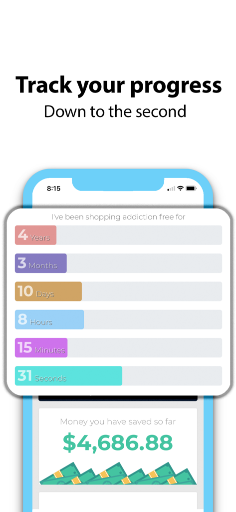 A screen showing time elapsed without shopping and total money saved