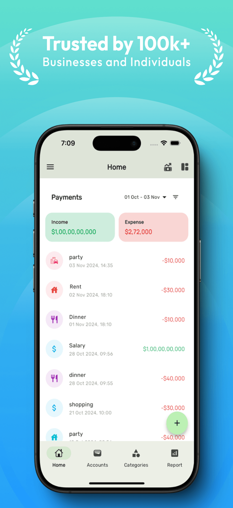 Money Manager app home screen displaying income and expense summaries with a detailed transaction list including rent and salary
