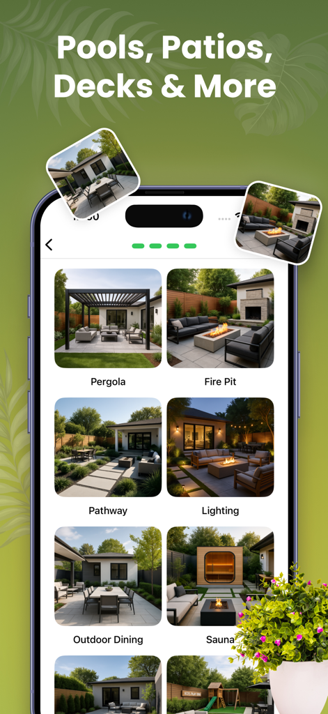 Tela do aplicativo móvel mostrando opções de design de quintal para pergolados, fogueiras e salas de jantar ao ar livre