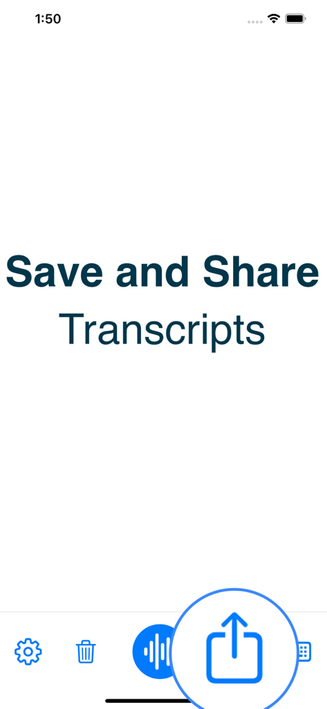 Wushi: Live Transcribe Voice - Interface of Wushi app displaying the save and share transcripts feature with a large blue share icon