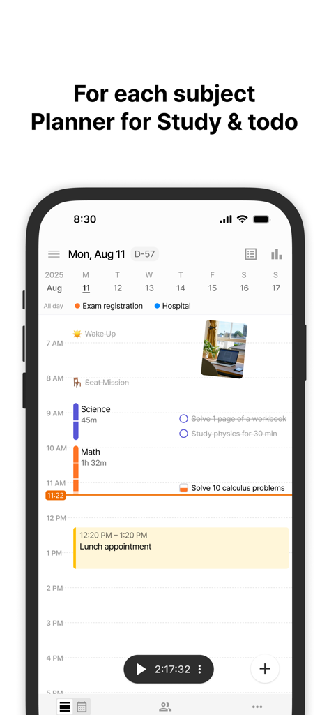 YPT - Study Group - Una pantalla de smartphone que muestra el planificador diario de la aplicación YPT con un horario de estudio y una lista de tareas para materias como ciencias y matemáticas
