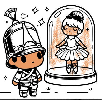 magine a cute tin soldier gazing up at a chibi ballerina inside a glass dome. the scene is in black and white, designed to be easy and playful for coloring, with a flat, simple chibi style that children will enjoy