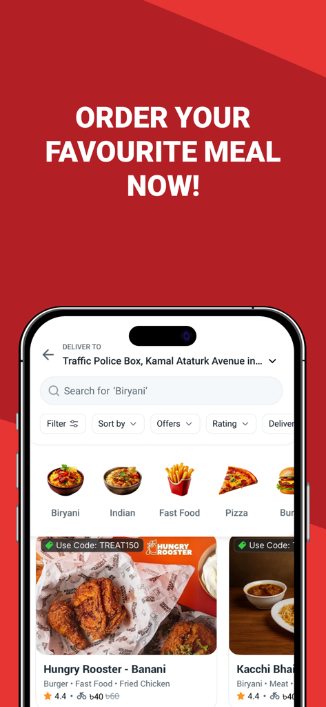 Pathao - Pathao app food delivery screen showing meal categories like Biryani and Fast Food with local restaurant listings.