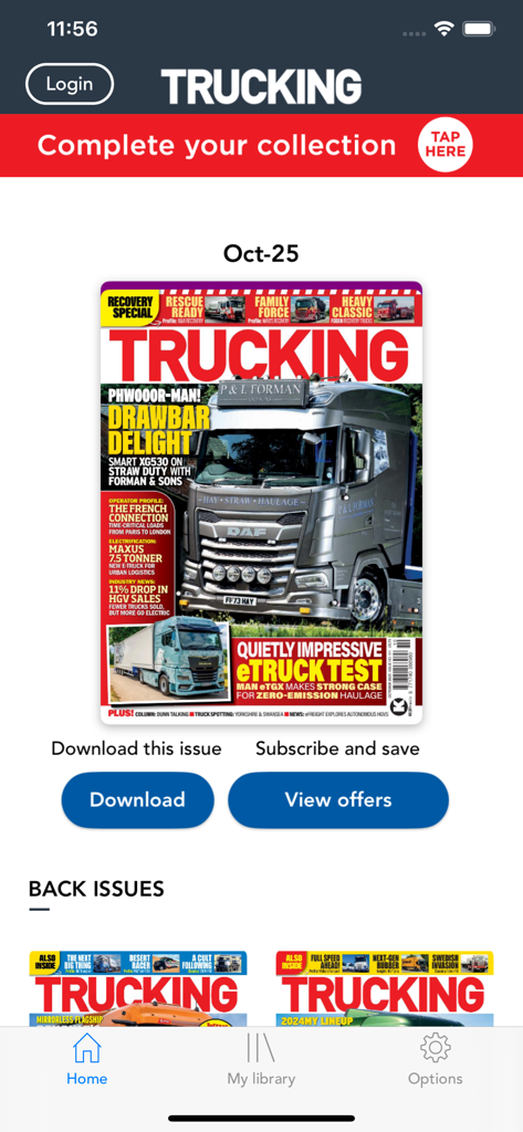 Home screen of Trucking Magazine app showing current and back issues
