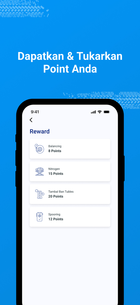 HSR Wheel - HSR Wheel mobile app rewards page showing loyalty points for automotive services like wheel alignment and balancing