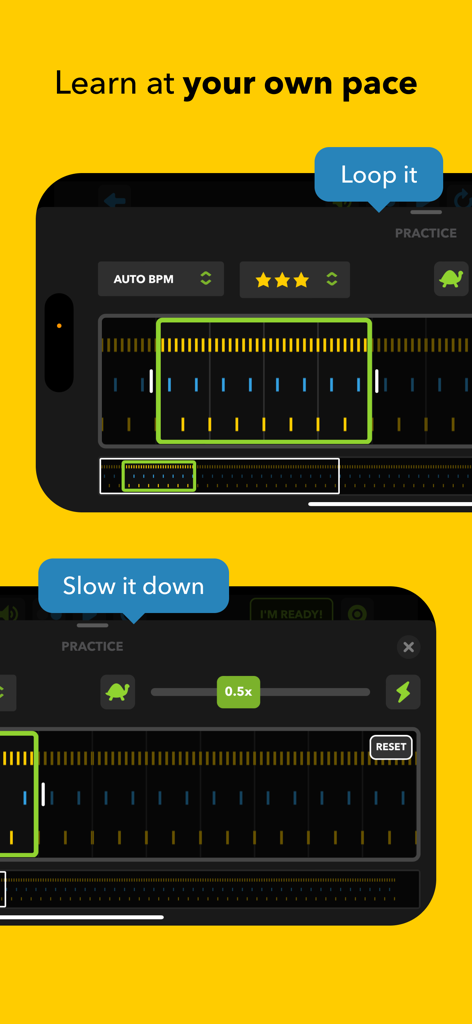 Melodics: Drum Lessons App - Interfaz de la aplicación Melodics que muestra herramientas para repetir y ralentizar las sesiones de práctica de batería.