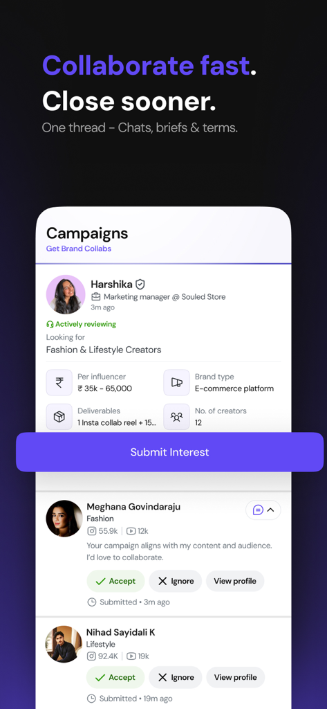 HashFame - HashFame app interface showing an influencer marketing campaign for fashion and lifestyle creators with applicant profiles