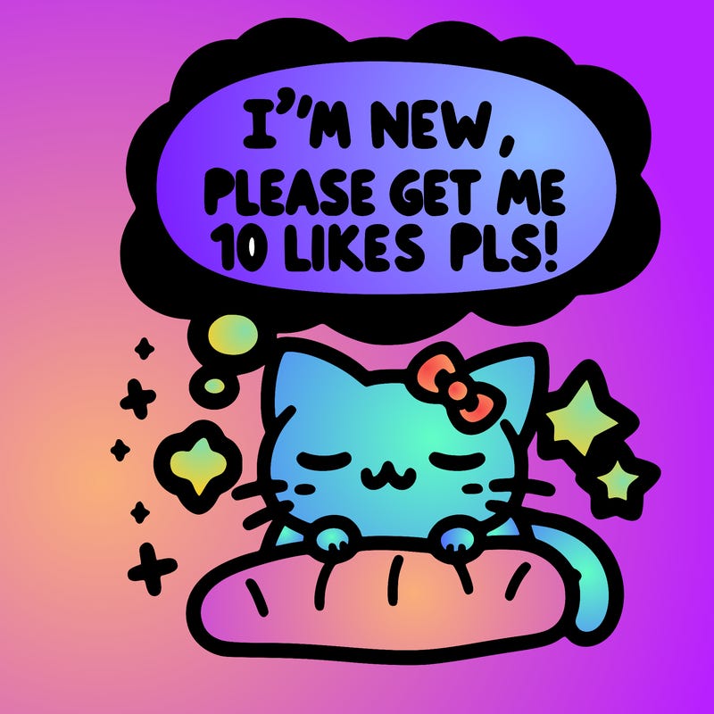kitty taking a nap dream talking and saying "i'm new, please get me at least 10 likes pls!!"