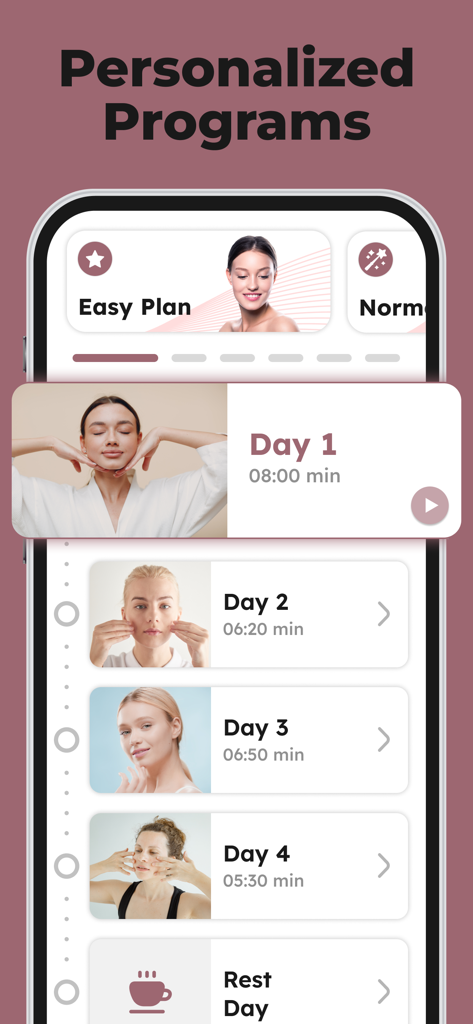 A smartphone screen displaying a daily face yoga workout plan with personalized exercise routines.
