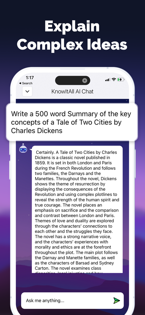 KnowIt AI app interface showing an automated summary of a classic novel