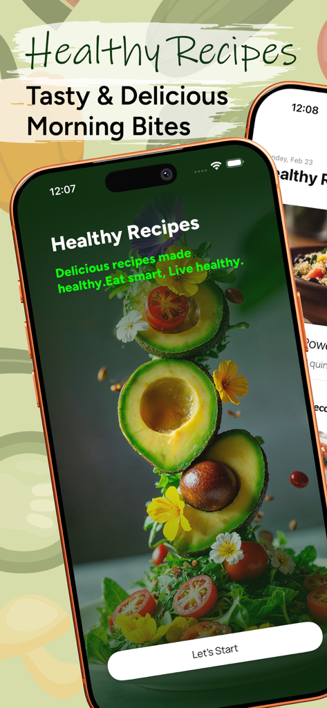 Welcome screen of the Healthy Recipes NutriBites app featuring an avocado salad and a start button