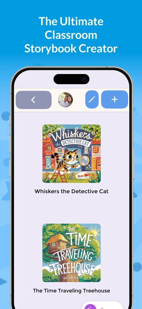 My Story School eBook Maker - Smartphone screen showing the My Story app library with student-created storybooks like Whiskers the Detective Cat.
