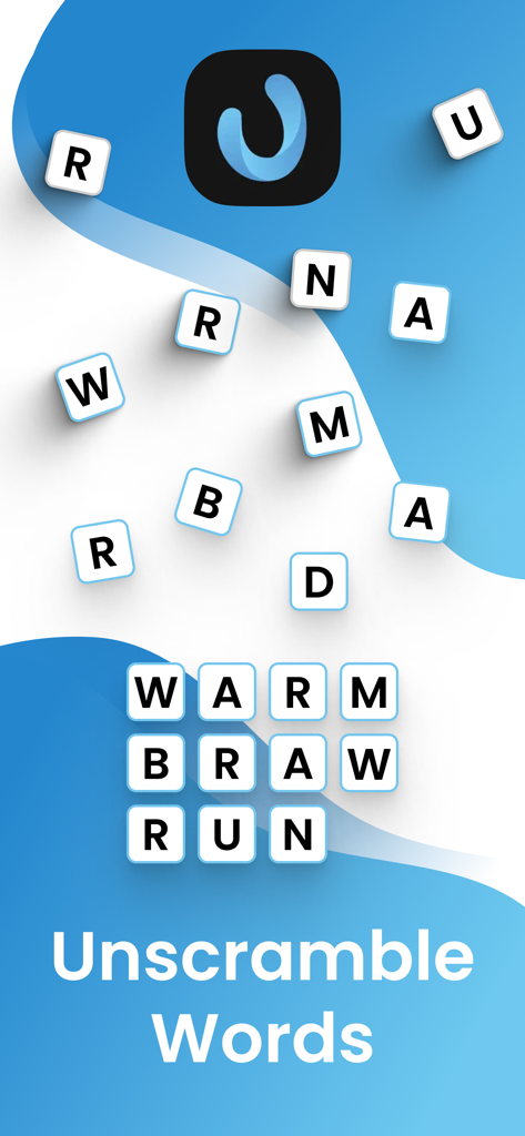 Word Unscrambler Solver app showing letter tiles and unscrambled words like warm and braw