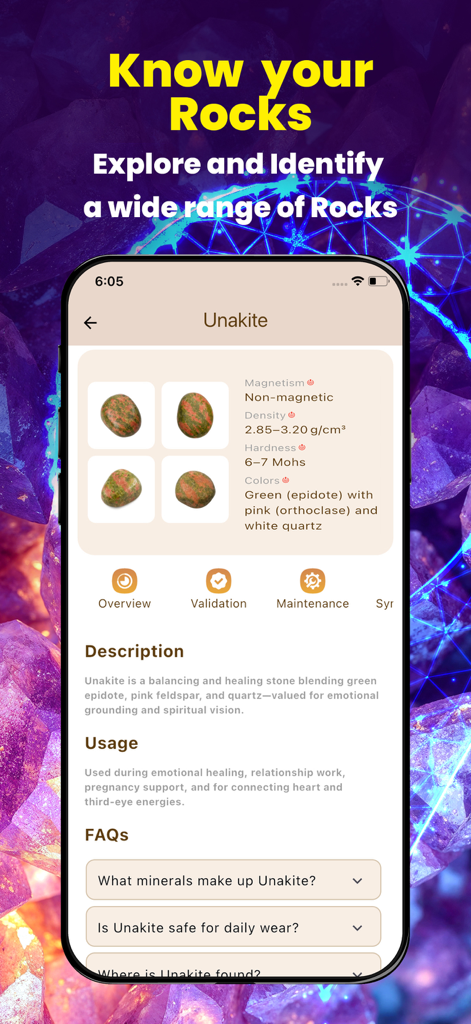 Rock Identifier: Stone Checker - Mobile app interface showing detailed information and geological properties of the Unakite rock.