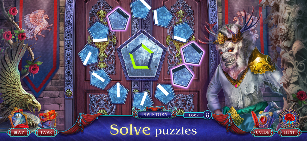 Cursed Fables 5: Adventure - A mystical puzzle screen in Cursed Fables 5 showing a beast character standing next to a circular door lock with glowing pentagon shapes