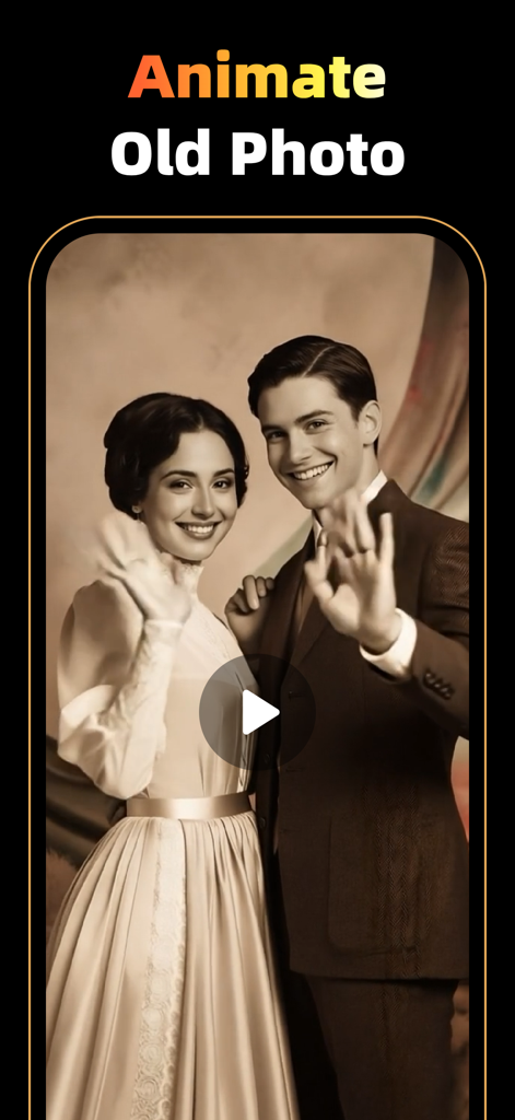 AI feature to animate a vintage sepia photo of a smiling couple waving