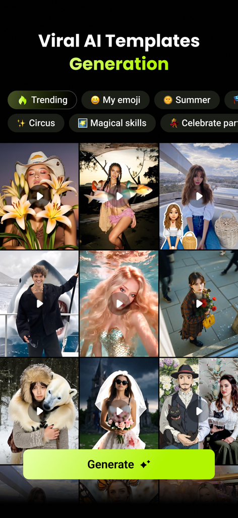 LumixAI: Turn Pic to Hot Video - A mobile app interface displaying a grid of creative AI video templates for social media content generation