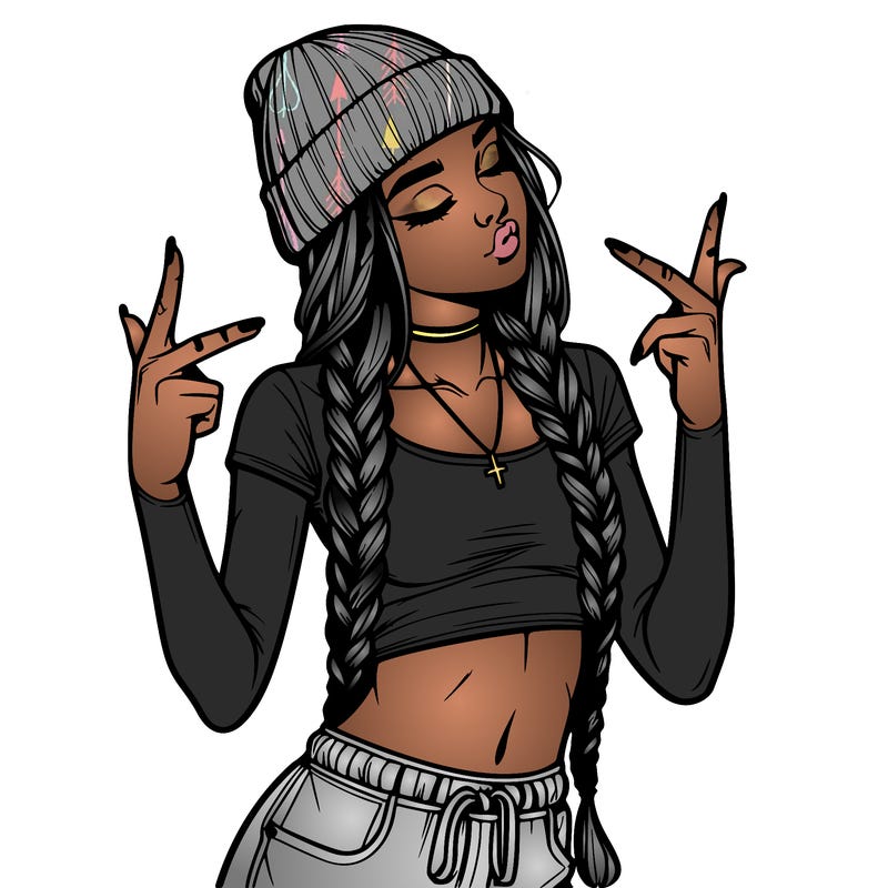 realistic teenage girl with braids and a beanie and crop top doing 🫶🏼