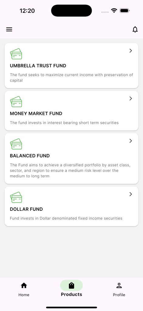 The Products screen of the OMIG Wealth app displaying investment fund options such as Umbrella Trust Fund Money Market Fund Balanced Fund and Dollar Fund