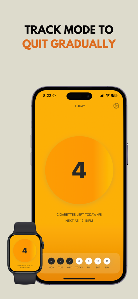 ExSmoke: Quit Smoking Tracker - ExSmoke app on iPhone and Apple Watch showing track mode to quit smoking gradually with cigarettes left today