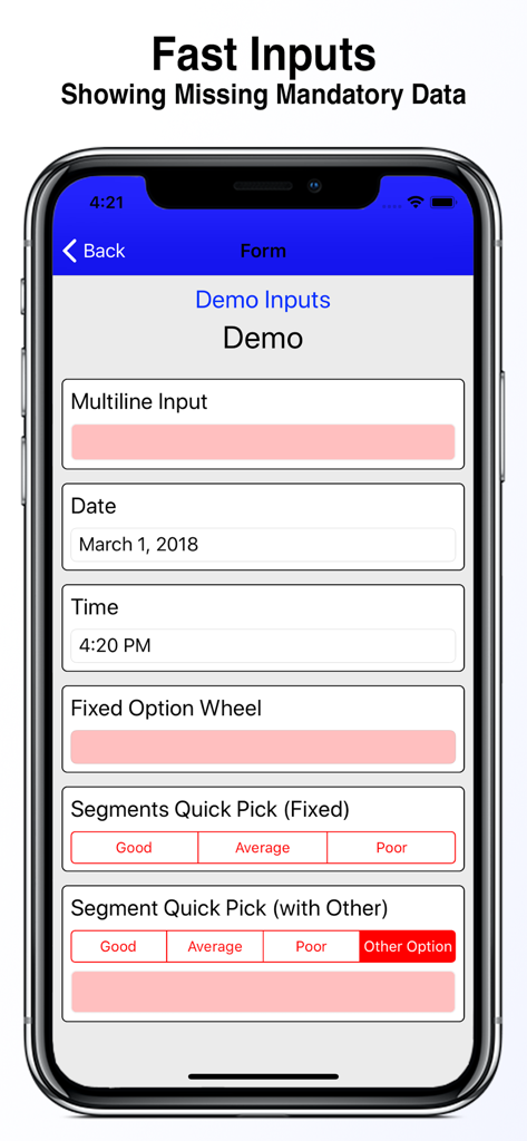 Interface do aplicativo Forms mostrando campos obrigatórios destacados em vermelho por dados ausentes.