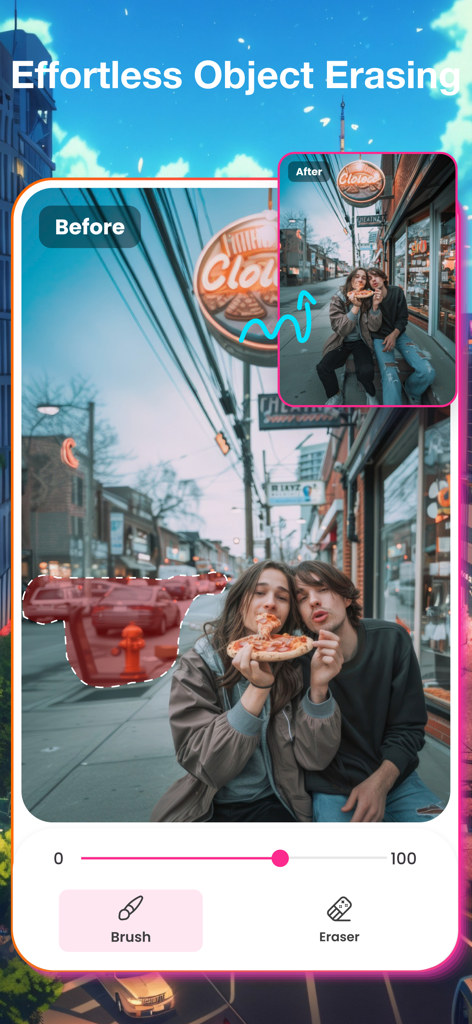 AI Brushmind: Photo Magic - A before and after comparison of the AI Brushmind app erasing background cars and distractions from a photo of a couple eating pizza.
