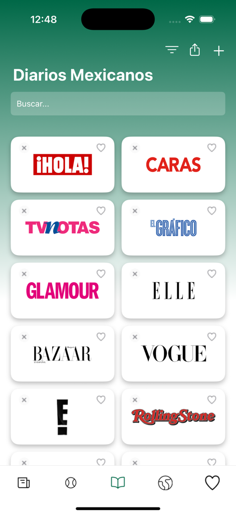Diarios Mexicanos - Interface of the Diarios Mexicanos app displaying a grid of magazine and newspaper logos including Vogue and Rolling Stone