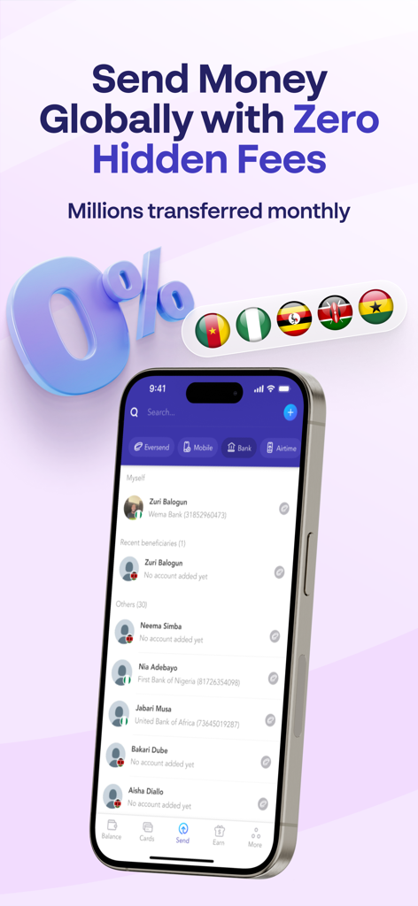 Eversend - the money app - Eversend app interface for global money transfers with zero hidden fees and African country flags