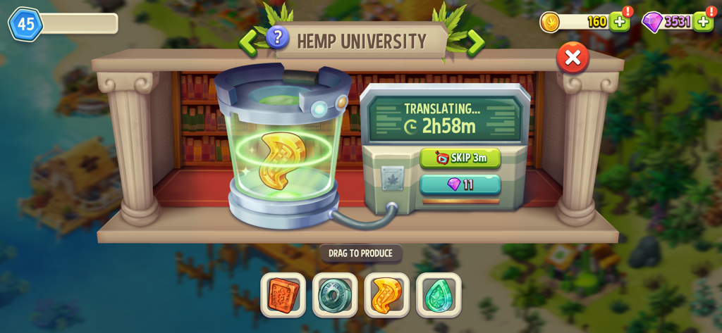 Hemp Paradise: 420 Weed Farm - A gameplay screenshot of the Hemp University interface in Hemp Paradise showing the translation process of a golden artifact.
