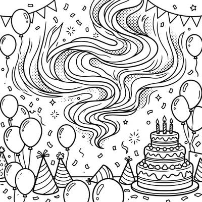 Dive into a vibrant celebration with our Pop Art Aurora Birthday coloring page! This festive design features majestic celestial swirls combined with delightful birthday party elements like cake, balloons, and confetti.