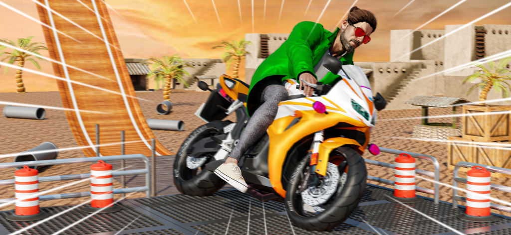Motorcycles & Car Stunt Games - A man riding a yellow sport motorcycle on a stunt platform in a desert setting with ramps and palm trees.
