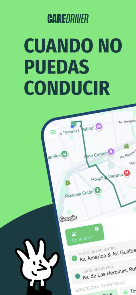 CareDriver - Pide un Conductor - CareDriver app interface showing a GPS route map and service details in Spanish.