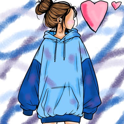 realistic girl with a oversized sweatshirt on and a bun